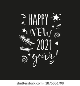 Greeting card Happy New Year in English. Typography. Black background