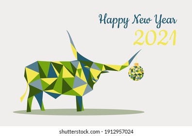 Greeting card Happy New Year 2021. A bull and toy on horns in trendy colors blue, green and yellow. Vector polygonal graphics.