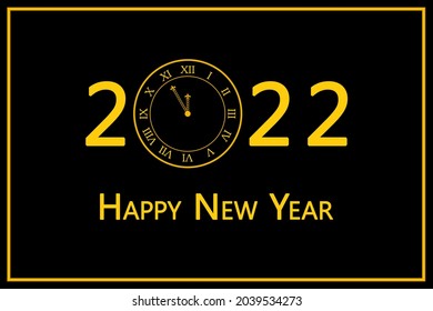Greeting card "Happy New Year 2022". 5 minutes until the New Year. A greeting card with a clock. Black and gold, minimalism.