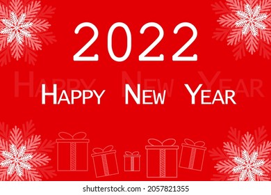 Greeting card - Happy New Year 2022. Red design with snowflakes and gifts. Minimalism.