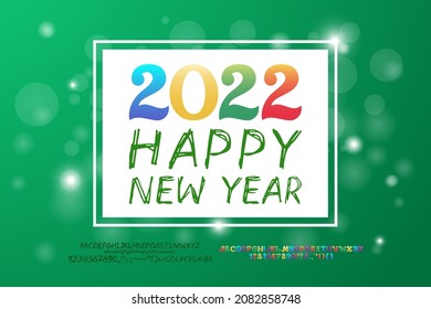 Greeting card Happy New Year. Multicolor original numbers and hand-drawn sketch letters. Green background with shine. Two sets of decorative fonts are included