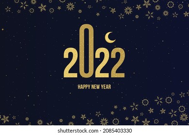 Greeting card for Happy New Year with golden sign 2022 on a dark background. Flat vector illustration EPS10.