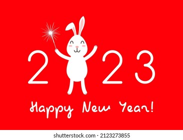 greeting card happy new year 2023. Year of the rabbit according to the zodiac. a cute hare holds a sparkler in its paw. vector illustration isolated on red background