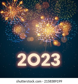 Greeting card Happy New Year 2023. Holiday web banner or billboard with text 2023 on the background of fireworks. Vector illustration.
