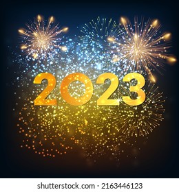 Greeting card Happy New Year 2023. Holiday web banner or billboard with text 2023 on the background of fireworks. Vector illustration.