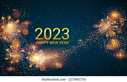 Greeting card Happy New Year 2023. Holiday web banner or billboard with text 2023 on the background of fireworks. Vector illustration.