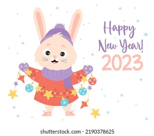 Greeting card Happy New Year 2023. Cute winter bunny with Christmas garland on white background with snowflakes. 2023 Year of the Rabbit according to Eastern calendar. Vector illustration.