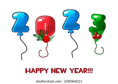 Greeting card happy new year 2023 numbers balloons.