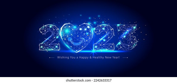 Greeting card of Happy new year 2023 Futuristic life and technology background. 2023 number with smily heart illustration on blue background. Trendy Low poly pongal wireframe style.