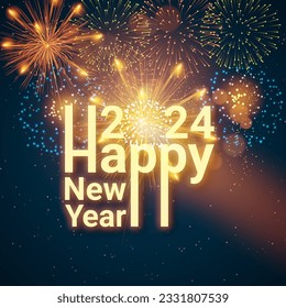 Greeting card Happy New Year 2024. Beautiful Square holiday web banner with text Happy New Year 2024 on the background of fireworks. - Vector illustration. - Shutterstock ID 2331807539