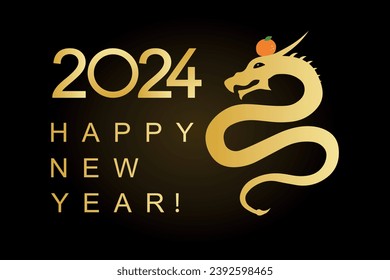 Greeting card "Happy New Year 2024 Dragon. Best wishes for the year 2024!". vector, dragon with a tangerine on his head on a very beautiful New Year background