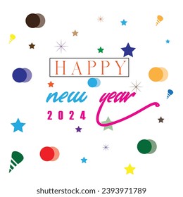 Greeting card Happy New Year 2024. Beautiful holiday web banner or billboard with Golden sparkling text Happy New Year 2024 written sparklers on festive blue background with fireworks
