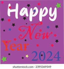 Greeting card Happy New Year 2024. Beautiful holiday web banner or billboard with Golden sparkling text Happy New Year 2024 written sparklers on festive blue background with fireworks