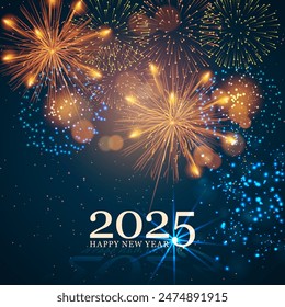 Greeting card Happy New Year 2025. Beautiful Square holiday web banner or billboard with text Happy New Year 2025 on the background of fireworks. Vector illustration.