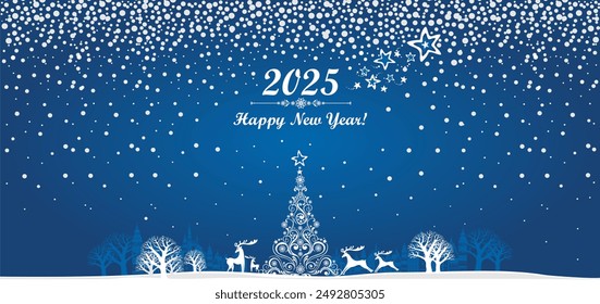 Greeting card. Happy new year 2025. Blue Celebration background with  Landscape, Christmas tree, deer, town and place for your text. Art design celebrate party invitation template. Decorate number
