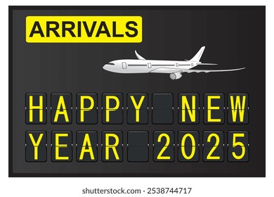 Tarjeta de felicitación - Feliz año Nuevo 2025 con las llegadas de la terminal de las aerolíneas flip board y el dibujo del avión en Vector