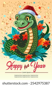 Tarjeta de felicitación Feliz año Nuevo de la serpiente Linda serpiente de dibujos animados en un sombrero de Santa Claus rodeado de decoración invernal y la inscripción Feliz año Nuevo Vector