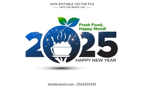 Greeting card for Happy New Year 2025 with restaurant waiter cooking, serving hot fresh food symbol, sign and logo creative concept theme design.