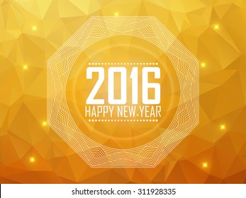 Greeting card Happy New Year 2016. Polygonal background, stars, holiday, shine, mandala. Vector illustration