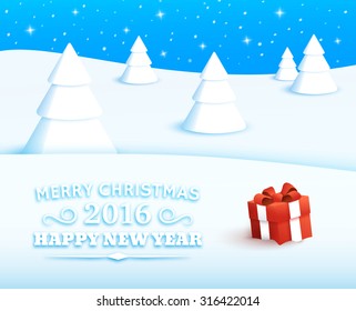 Greeting card for Happy New Year and Merry Christmas with winter landscape, gift box at white snow and typography text in left bottom corner of vector background.