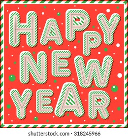 Greeting card with Happy New Year lettering of the retro striped letters and stylish balls. Best for banners and posters. Vector illustration