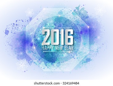 Greeting card Happy New Year 2016. Blue water color background, stars, holiday, shine, mandala, snowflakes. Vector illustration