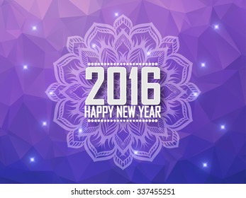 Greeting card Happy New Year 2016. Polygonal background, stars, holiday, shine, mandala. Vector illustration