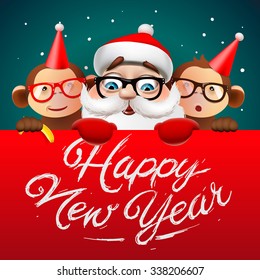 Greeting card, Happy New Year card with Santa Claus and monkeys, vector illustration.