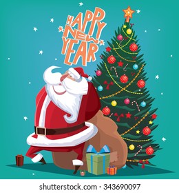 Greeting card Happy New Year red Father Christmas with gift bag and spruce