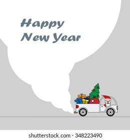 greeting card happy new year with Santa Claus, who rides in a car with gifts and Christmas tree