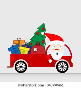 greeting card happy new year with Santa Claus, who rides in a car with gifts and Christmas tree