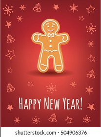 Greeting card with Happy New Year inscription and gingerbread man, isolated on red background. Vector illustration.