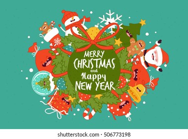 Greeting card Happy New Year and Merry Christmas. Funny personages wishes you a happy holidays. Comic characters. Vector illustration.