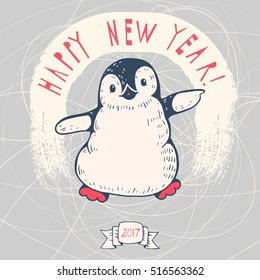 Greeting card "happy New Year" with a cartoon penguin. Hand-drawn illustration. Vector