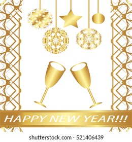 Greeting card "Happy new year !"Vintage golden style.Decorative,abstract,elements,frame, gold patterns on a white background.A bottle of champagne,a glass,star,garland,ball,snowflake.