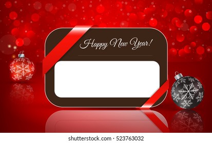 Greeting card for Happy New Year with Christmas ball on winter background with snow and snowflakes.