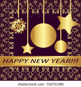 Greeting card "Happy New Year !"Vintage golden style..Decorative,abstract,elements,frame, gold patterns on a purple background.A  star, garland, ball, snowflake, ribbon with the inscription


