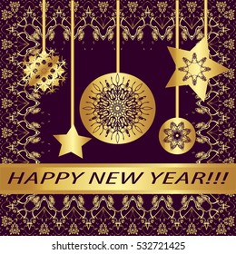 Greeting card "Happy New Year !"Vintage golden style..Decorative,abstract,elements,frame, gold patterns on a purple background.A  star, garland, ball, snowflake, ribbon with the inscription


