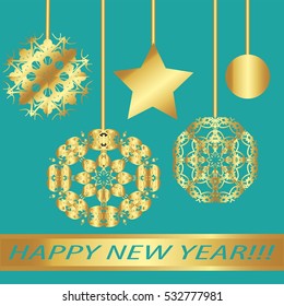 Greeting card "Happy new year !"Vintage golden style.Decorative,abstract,elements on a mint background.A  star, garland, ball, snowflake, ribbon with the inscription
