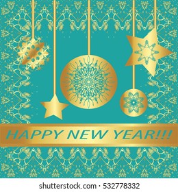 Greeting card "Happy New Year !"Vintage golden style..Decorative,abstract,elements,frame, gold patterns on a mint background.A  star, garland, ball, snowflake, ribbon with the inscription
