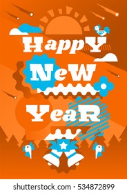 Greeting card happy new year. Typographical printing. Year of the rooster. Sunrise, clouds, stars. Animals and letters. Bells, ribbon. Label, isolated objects on background. Vector illustration 