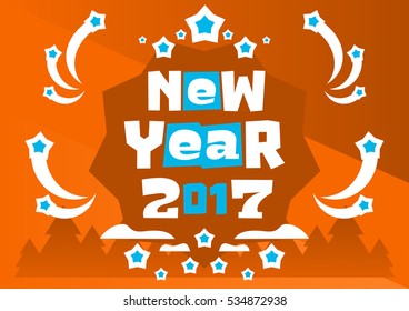Greeting Card Happy New Year. Typographical printing. Magic and letters. Star fall, winter, clouds, forest, firework. Vector illustration, flat style 