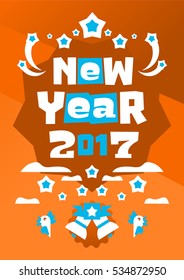 Greeting Card Happy New Year. Typographical printing. Raccoon welcomes sunrise. Fireworks, celebration, joy. Bells, clouds. Vector illustration. Orange background 