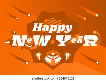 Greeting Card Happy New Year. Typographical printing. Magic and letters. Star fall, winter, clouds. Bells and rooster. Vector illustration, flat style 