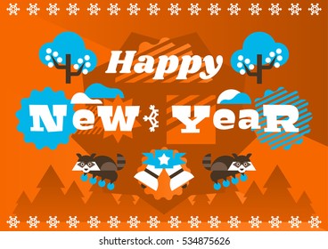 Greeting Card Happy New Year. Typographical printing. Animals and letters. Raccoon, garland, berries. Bells, ribbon. Label, isolated objects on background. The magic and joy. Vector illustration 