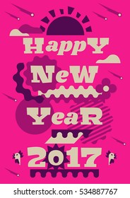 Greeting card happy new year. Typographical printing. Year of the rooster. Sunrise, clouds, stars. Animals and letters. Bells, ribbon. Label, isolated objects on background. Vector illustration 