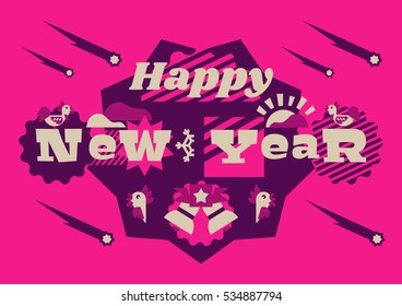 Greeting card happy new year. Typographical printing. Year of the rooster. Sunrise, clouds, stars. Animals and letters. Bells, ribbon. Label, isolated objects on background. Vector illustration 