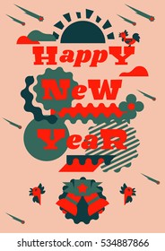 Greeting card happy new year. Typographical printing. Year of the rooster. Sunrise, clouds, stars. Animals and letters. Bells, ribbon. Label, isolated objects on background. Vector illustration 