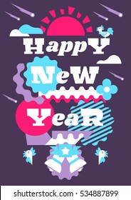 Greeting card happy new year. Typographical printing. Year of the rooster. Sunrise, clouds, stars. Animals and letters. Bells, ribbon. Label, isolated objects on background. Vector illustration 