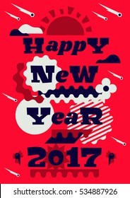 Greeting card happy new year. Typographical printing. Year of the rooster. Sunrise, clouds, stars. Animals and letters. Bells, ribbon. Label, isolated objects on background. Vector illustration 